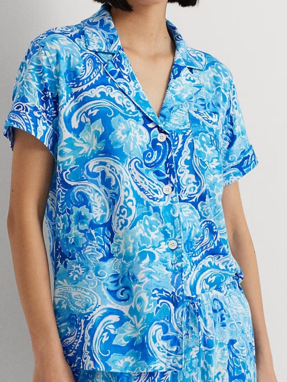Ralph Lauren Blue & White Floral Short-Sleeve Button-Down Sleep Shirt Sz M - Picture 1 of 9